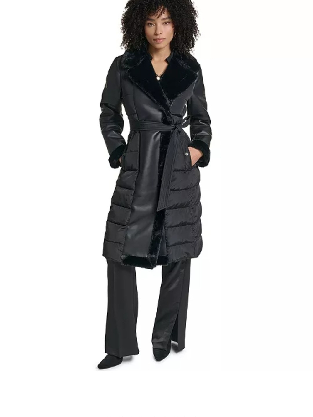 Karl Lagerfeld Black Long Belted Trench Coat with Faux-Fur Trim